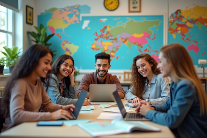 groupe-detudiants-voyage-education Groupe d'étudiants souriants autour d'une table avec cartes et ordinateurs