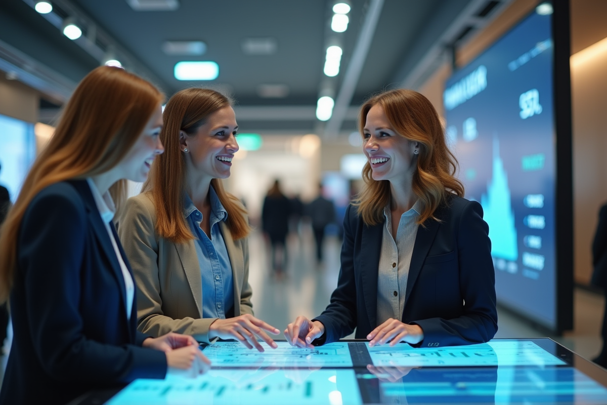 Groupe de trois personnes interagissant avec un écran financier
