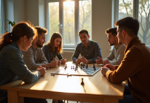 Groupe de jeunes adultes jouant à un jeu de stratégie dans un salon lumineux
