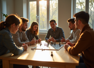 Groupe de jeunes adultes jouant à un jeu de stratégie dans un salon lumineux