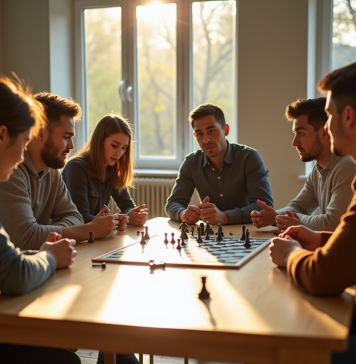 Groupe de jeunes adultes jouant à un jeu de stratégie dans un salon lumineux