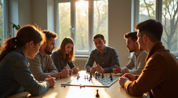 Groupe de jeunes adultes jouant à un jeu de stratégie dans un salon lumineux