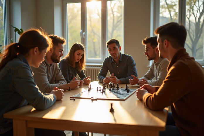 groupe-jeu-strategie-living-room Groupe de jeunes adultes jouant à un jeu de stratégie dans un salon lumineux