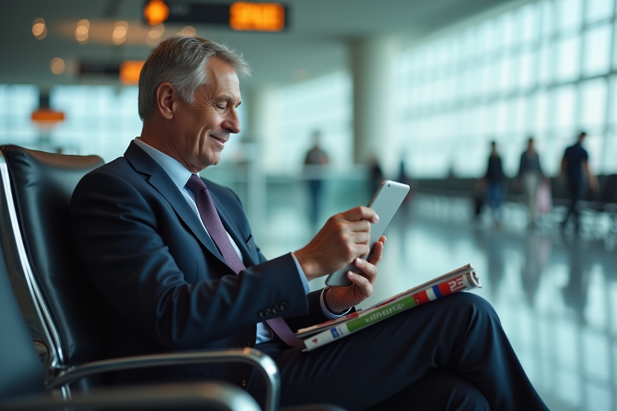 Homme d affaires avec tablette dans un aéroport pour traduction