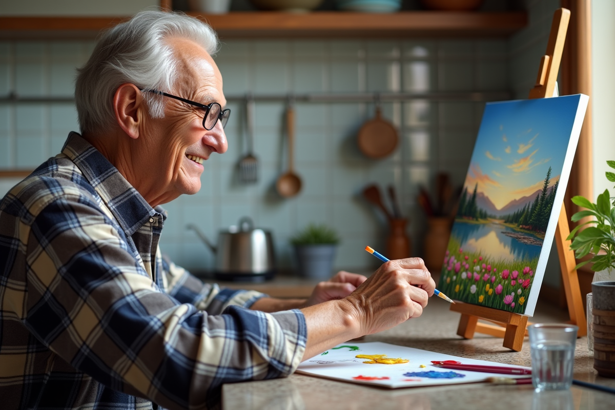 Homme âgé peignant un tableau dans sa cuisine chaleureuse