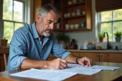 Homme am&eacute;ricain pr&eacute;parant ses imp&ocirc;ts dans une cuisine chaleureuse