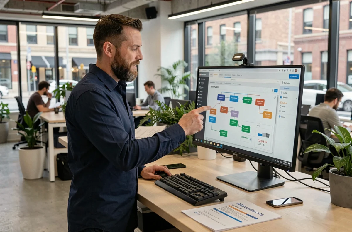 Homme en bureau open-space consultant un outil d'audit SEO sur grand écran avec rapport imprimé