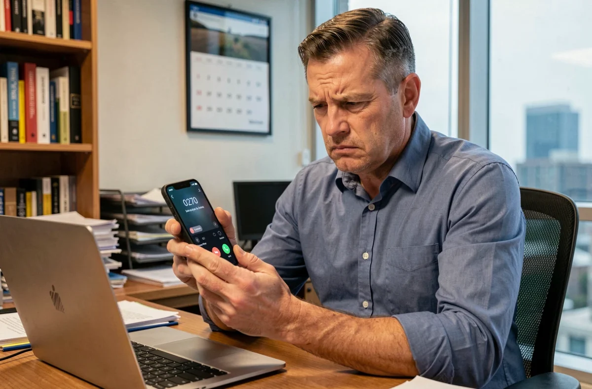 Homme en bureau regardant un appel entrant suspect avec indicatif 0270 sur son téléphone mobile