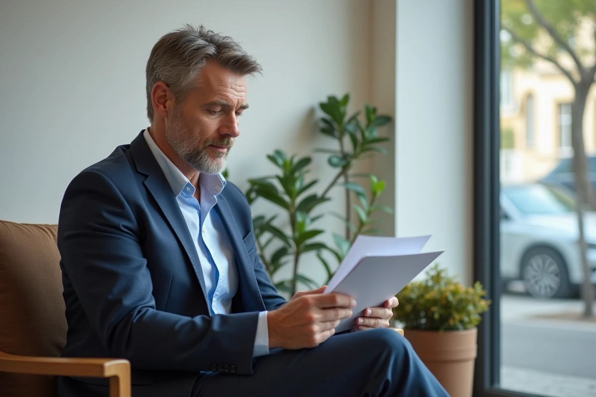 Homme lisant un dossier dans une salle d