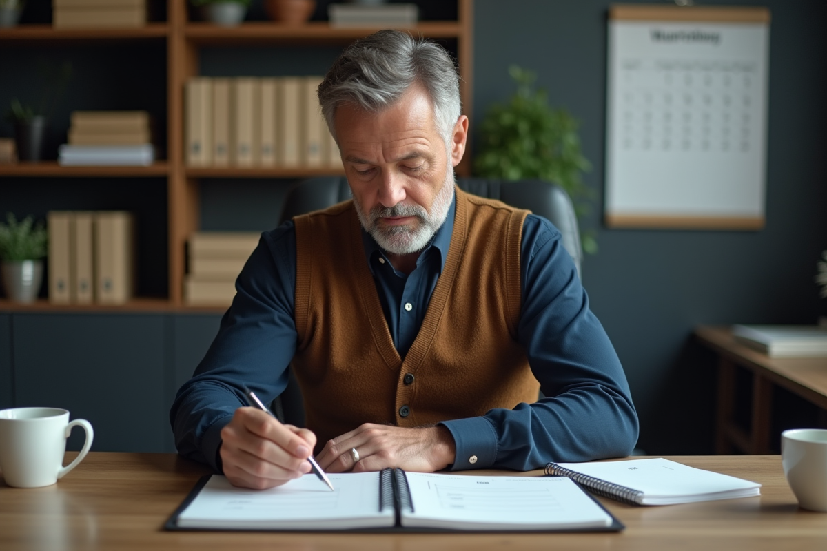 Homme comparant deux carnets de comptabilité au bureau