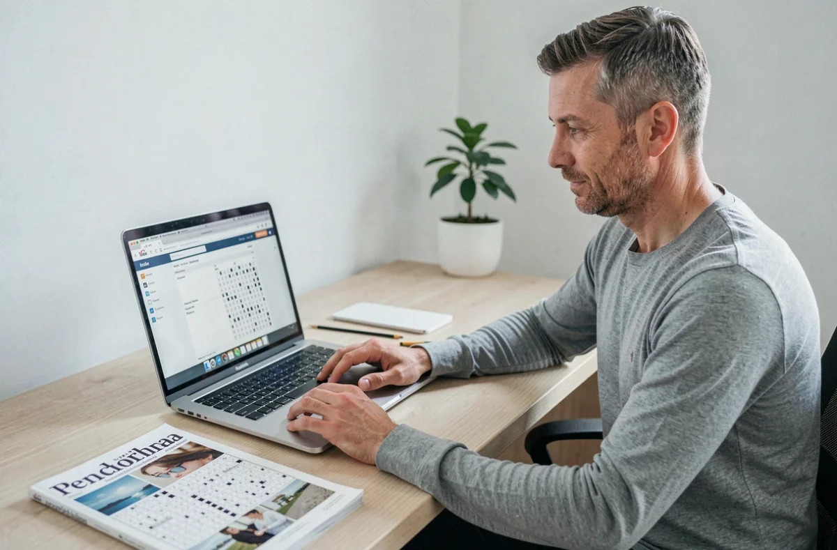 Homme consultant un dictionnaire de mots fléchés en ligne sur laptop avec magazine de mots croisés ouvert sur le bureau