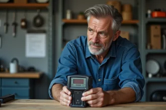 Homme d'âge moyen examinant un dynamometre dans un garage organisé