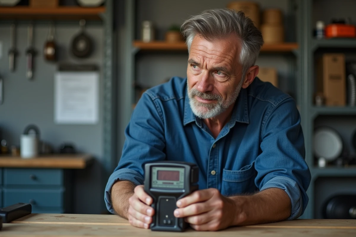 Homme d'âge moyen examinant un dynamometre dans un garage organisé