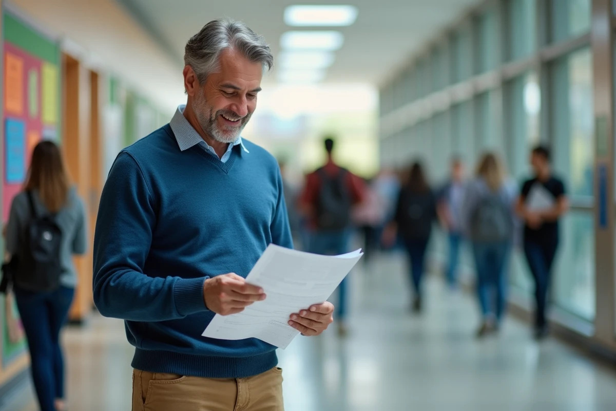 Homme d age moyen lisant dans un hall universitaire animé
