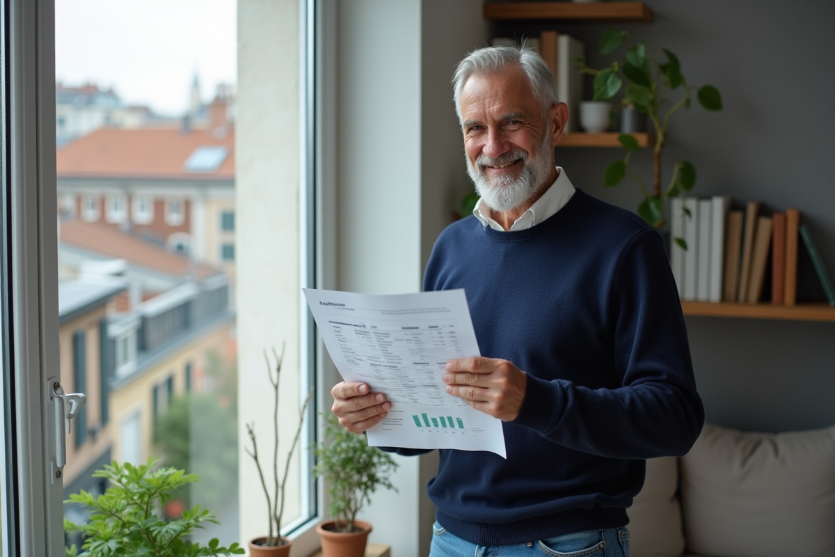 Homme français lisant rapport financier dans un salon lumineux