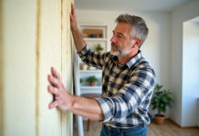 Homme appliquant des panneaux d'isolation intérieure