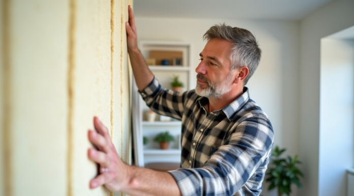 Homme appliquant des panneaux d'isolation intérieure