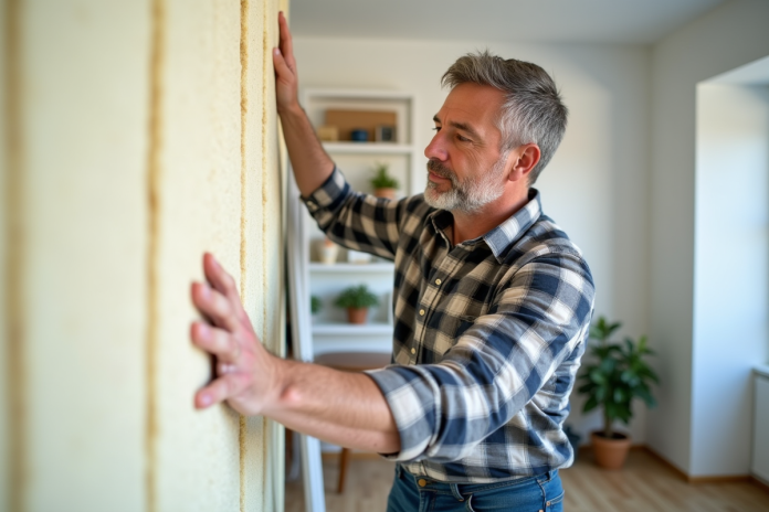 Homme appliquant des panneaux d'isolation intérieure