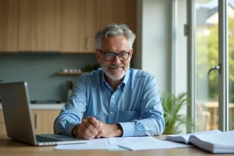 Homme d'âge moyen lisant documents d'impots dans la cuisine
