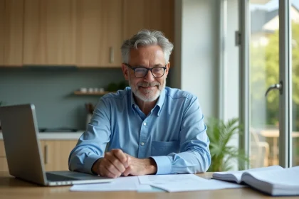 Homme d'&acirc;ge moyen lisant documents d'impots dans la cuisine