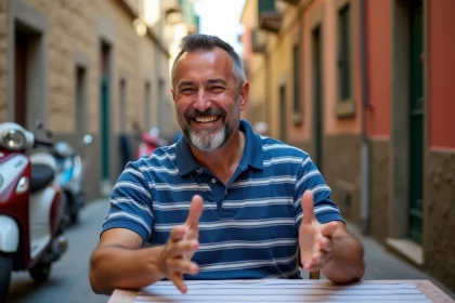 Homme d'&acirc;ge moyen riant au caf&eacute; &agrave; Mille