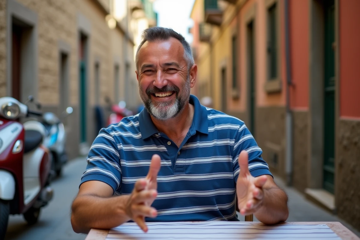 Homme d'âge moyen riant au café à Mille