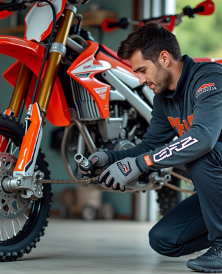 Homme en motocross ajustant la chaîne d'une CRZ 250