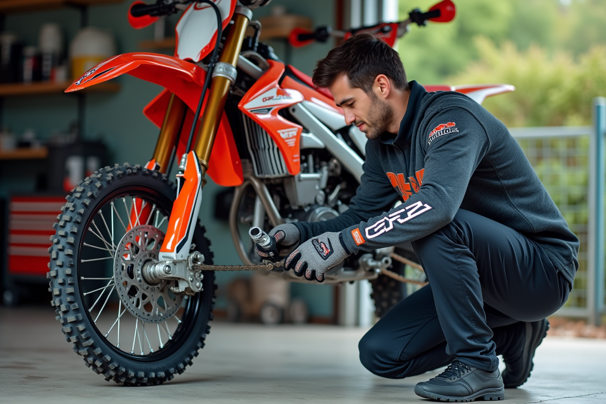 Homme en motocross ajustant la chaîne d'une CRZ 250