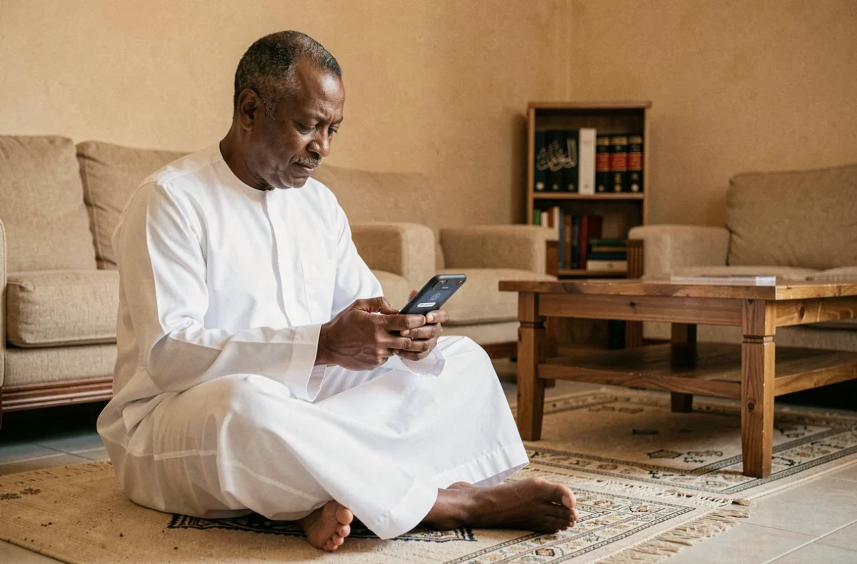 Homme musulman consultant son smartphone pour les horaires de prière sur un tapis de prière à Argenteuil