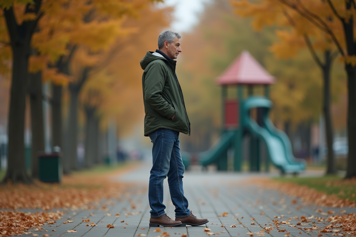 Homme seul dans un parc en automne avec des feuilles