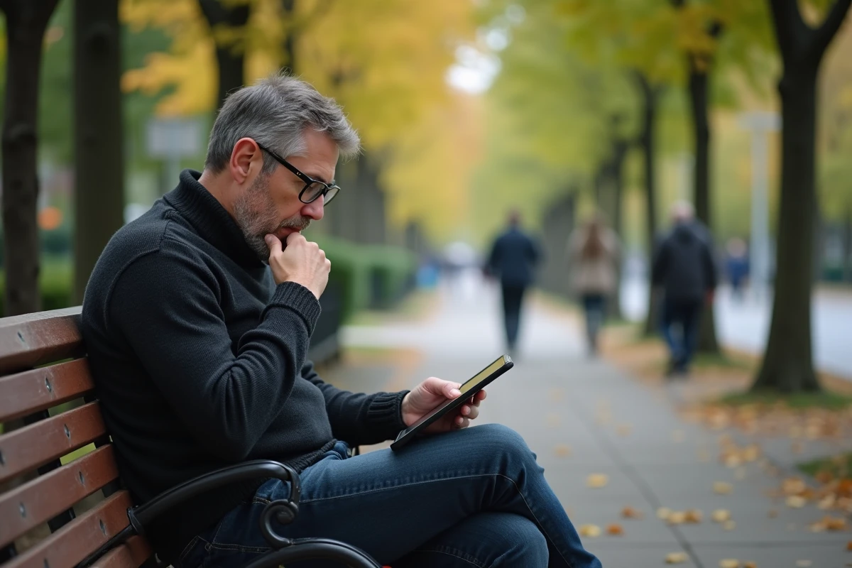 Homme dans un parc urbain utilisant une tablette en ext&eacute;rieur
