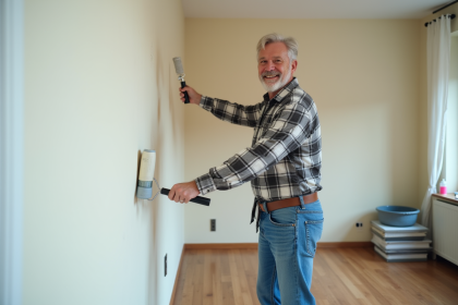 Homme peignant un mur dans un appartement moderne