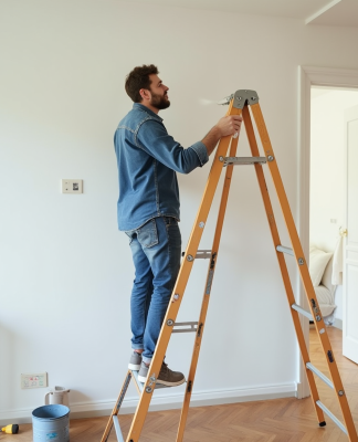 Homme en workwear peignant un mur dans un appartement français
