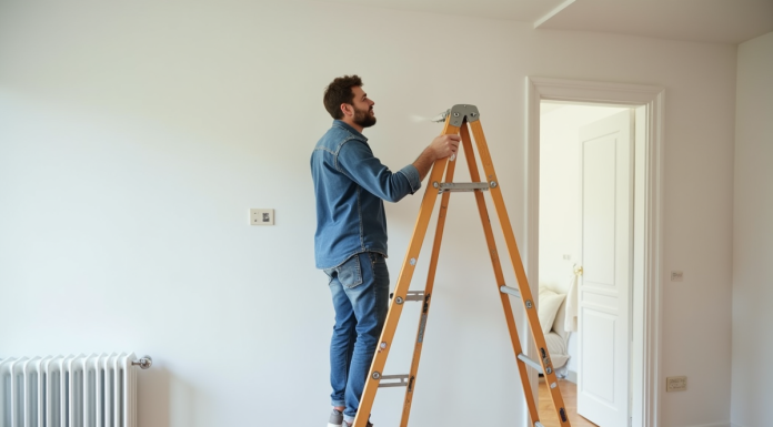 Homme en workwear peignant un mur dans un appartement français