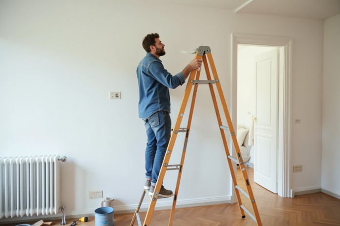 homme-peintre-ladder-renovation Homme en workwear peignant un mur dans un appartement français