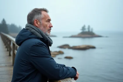 Homme pensif regardant la mer Baltique depuis le quai