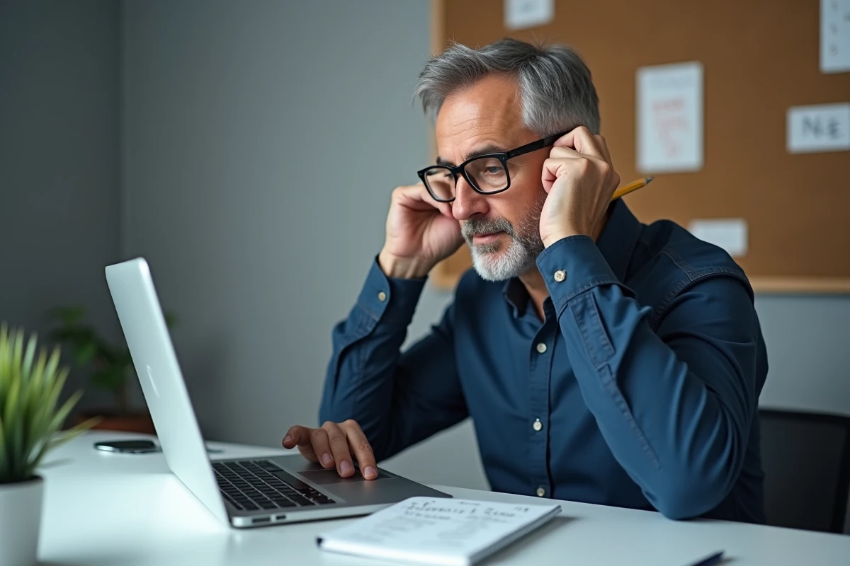 Homme avec lunettes cherchant des anagrammes sur ordinateur dans un bureau minimaliste à domicile