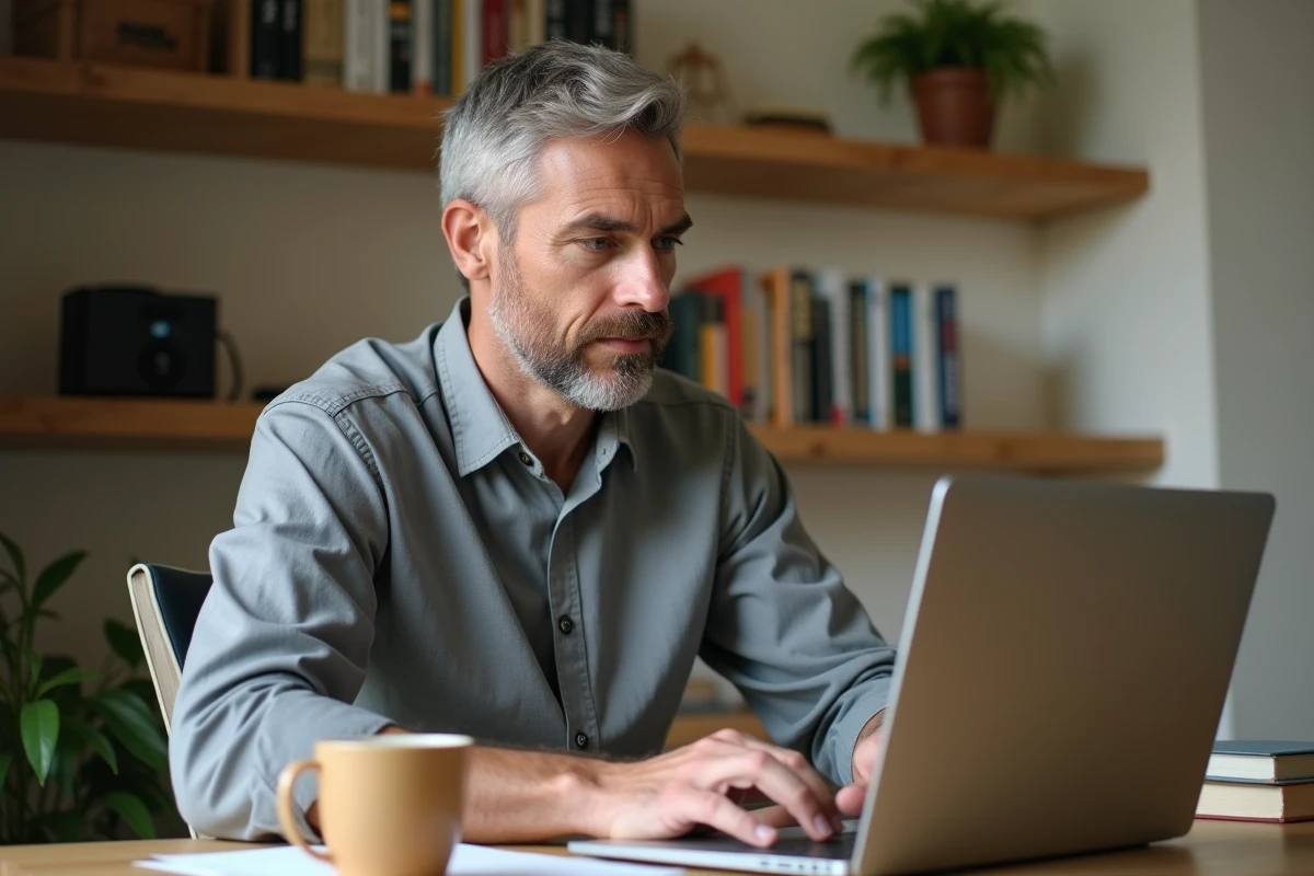 Homme rédigeant un email professionnel à domicile en cherchant la bonne formule de remerciement anticipé