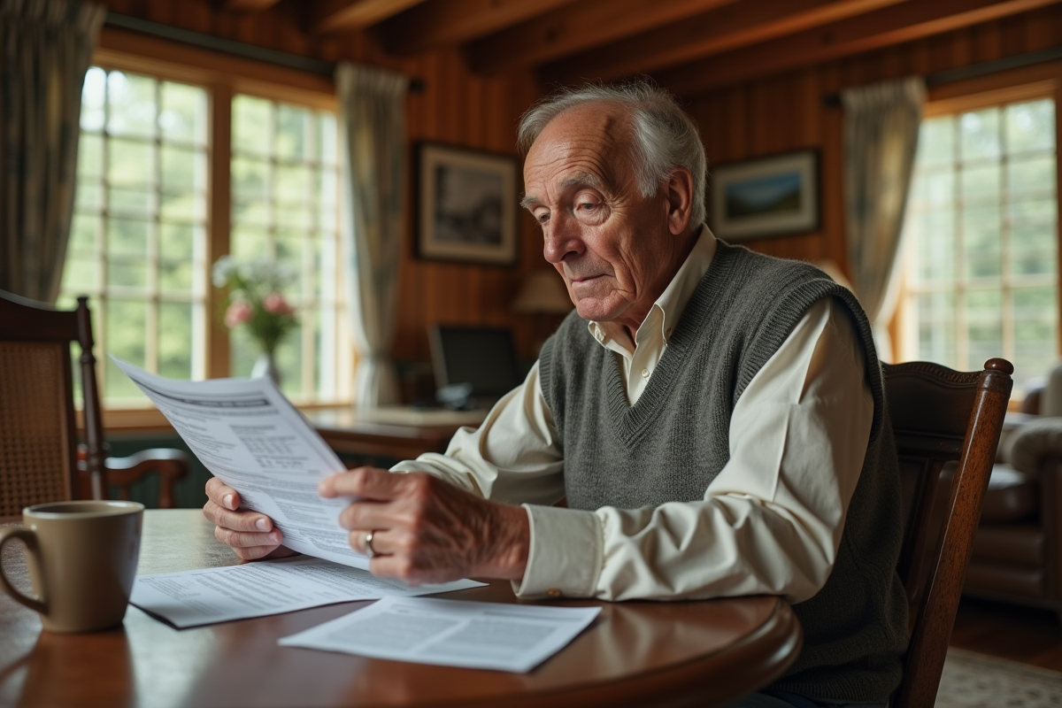 Homme âgé examinant une notice fiscale à la maison