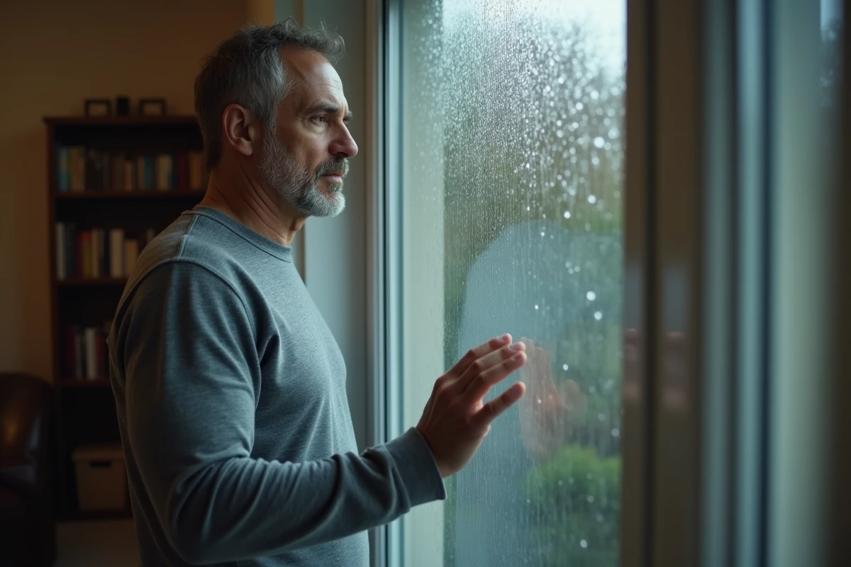 Homme seul regardant par une fenêtre sous la pluie, reflétant un sentiment d'isolement et de mélancolie