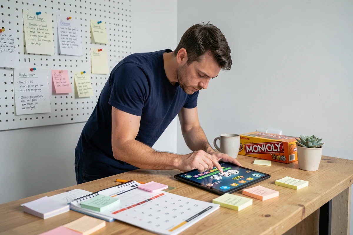 Homme consultant une stratégie Monopoly GO sur tablette avec notes et boîte de jeu sur bureau