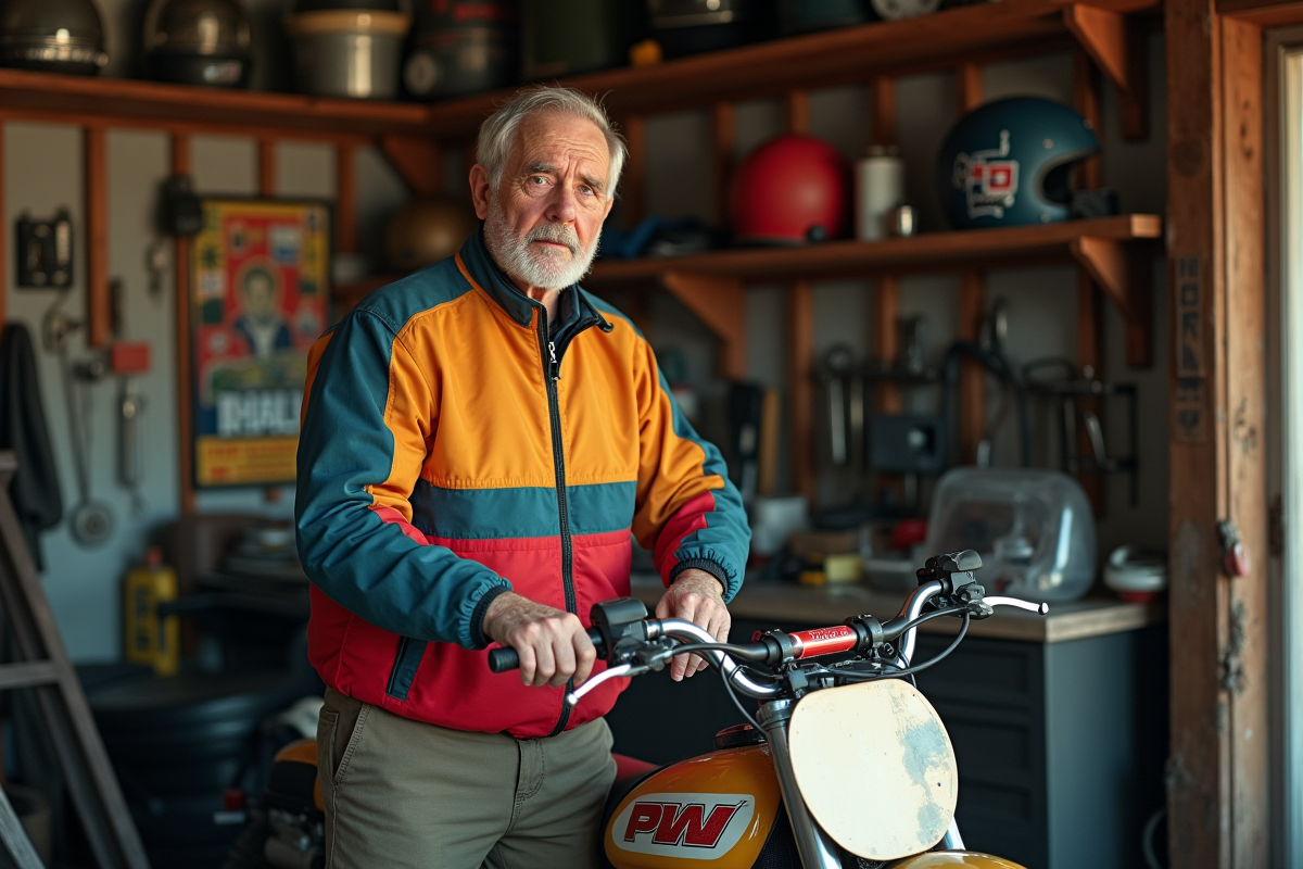 Homme retraité avec une moto PW50 dans un garage nostalgique