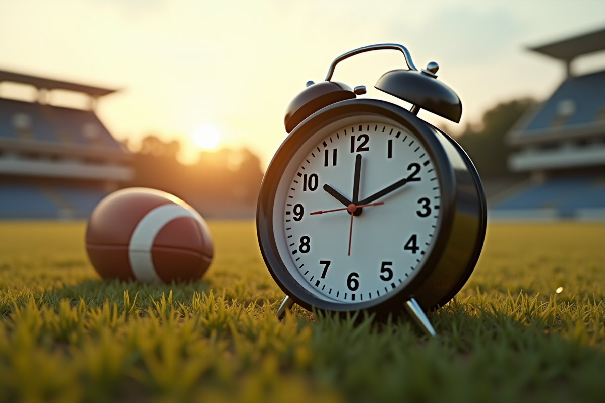 Horloge arrêtée et ballon de rugby sur la ligne de touche