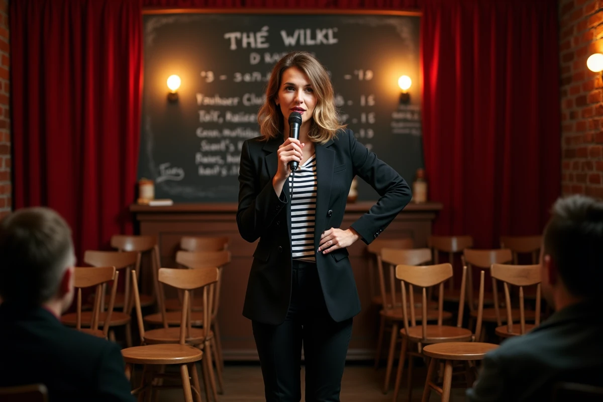 Humoriste française engagée sur scène dans un cabaret parisien, micro en main, posture assurée et sourire naturel