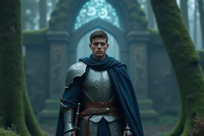 Personnage masculin en armure fantasy protecteur devant un portail isekai mystique dans une forêt brumeuse