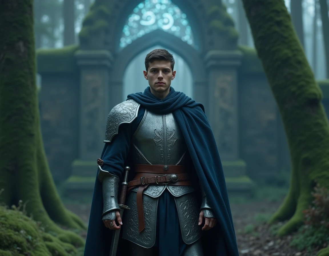 Personnage masculin en armure fantasy protecteur devant un portail isekai mystique dans une forêt brumeuse