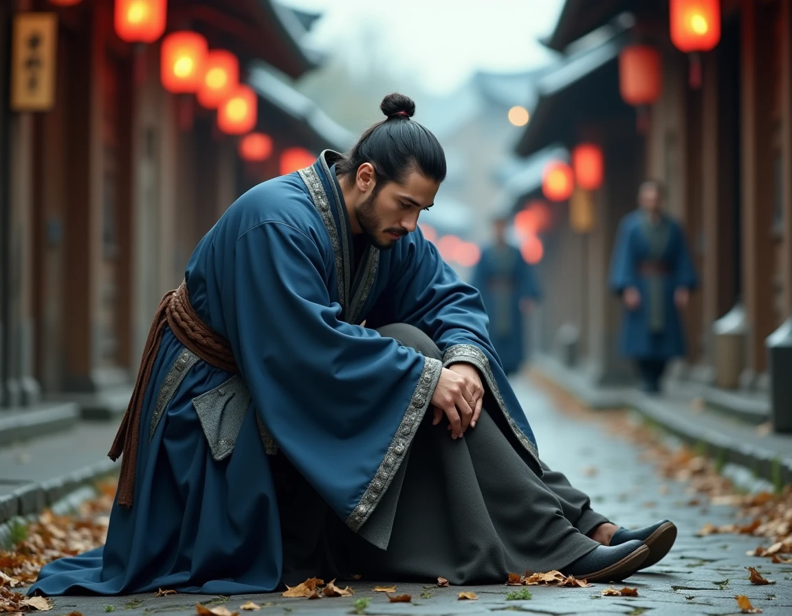 Homme en tenue traditionnelle japonaise fantasy protégeant un voyageur blessé dans un village médiéval isekai