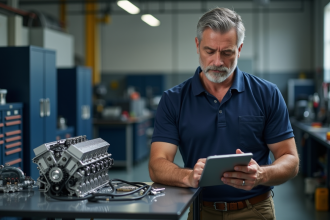 Ingénieur automobile homme examine un moteur en atelier