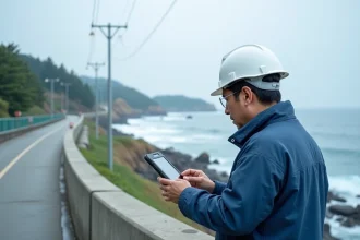 Ingénieur japonais en extérieur surveillant les bouées de tsunami