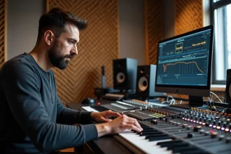 Ingénieur du son utilisant une calculatrice de décibels sur ordinateur portable dans un studio d'enregistrement professionnel